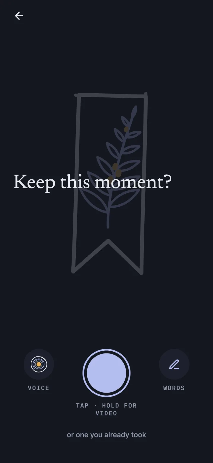 Someday's Keep screen: Keep this moment? with a shutter for a photo or video, voice and words.
