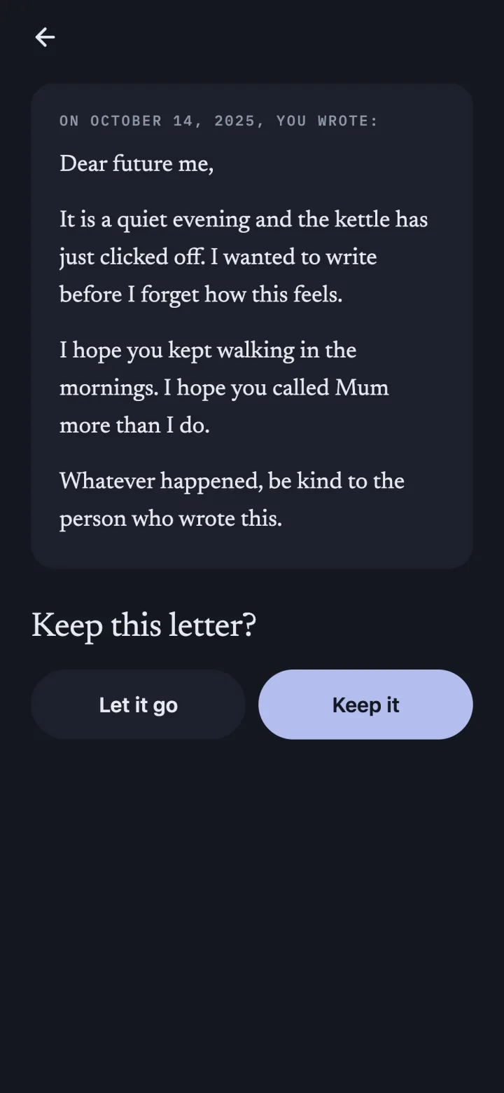 The opened letter: On October 14, 2025, you wrote: Dear future me, with Keep it or Let it go.